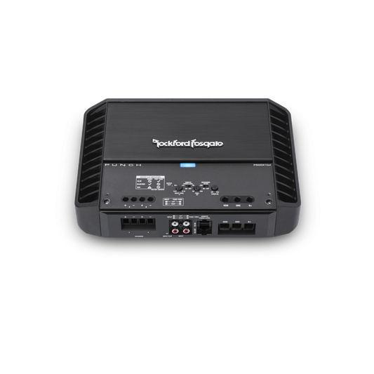 Rockford Fosgate P500X1BD mono subwoofer amplifier, front view, showing controls and connectors.