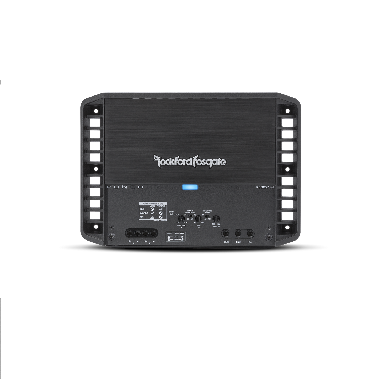 Rockford Fosgate P500X1BD mono subwoofer amplifier with controls and connections.