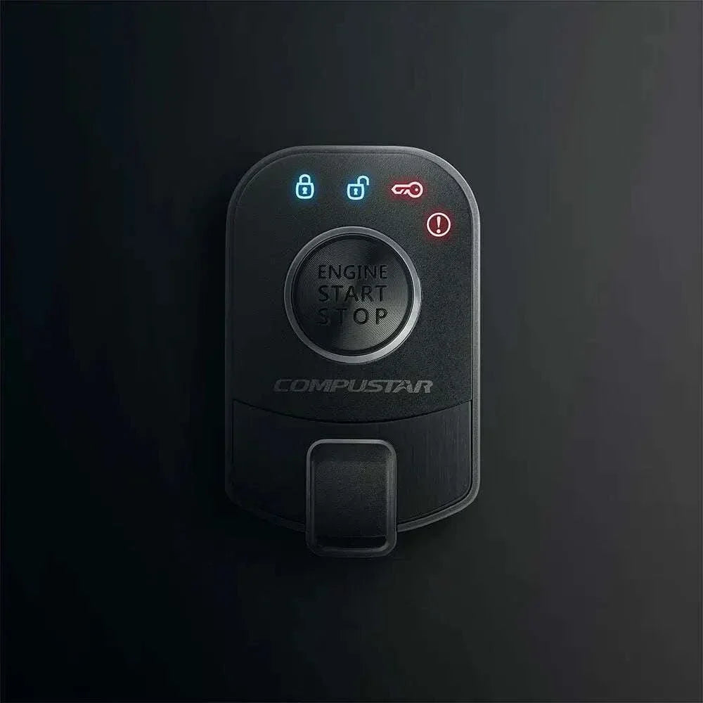 Compustar Pro R5 remote with 1-button design and proximity unlock feature displayed on a dark background.