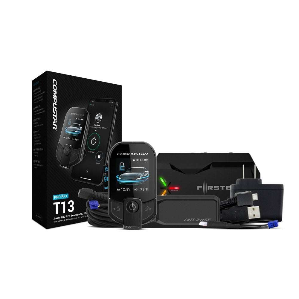 Compustar Pro T13 advanced remote start and security system with Drone X1 LTE module, 3-mile range LCD remote, smartphone control, IPX-7 waterproof, and lifetime warranty.