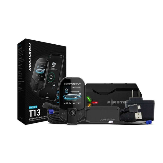Compustar Pro T13 advanced remote start and security system with Drone X1 LTE module, 3-mile range LCD remote, smartphone control, IPX-7 waterproof, and lifetime warranty.
