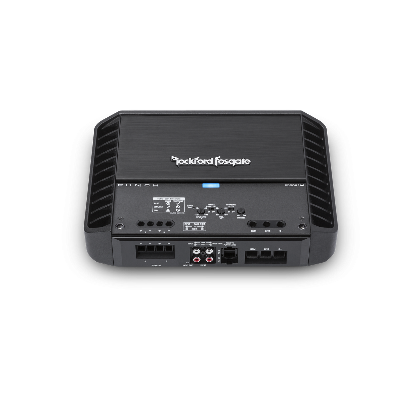 Rockford Fosgate P500X1BD mono subwoofer amplifier, front view, showing controls and connectors.