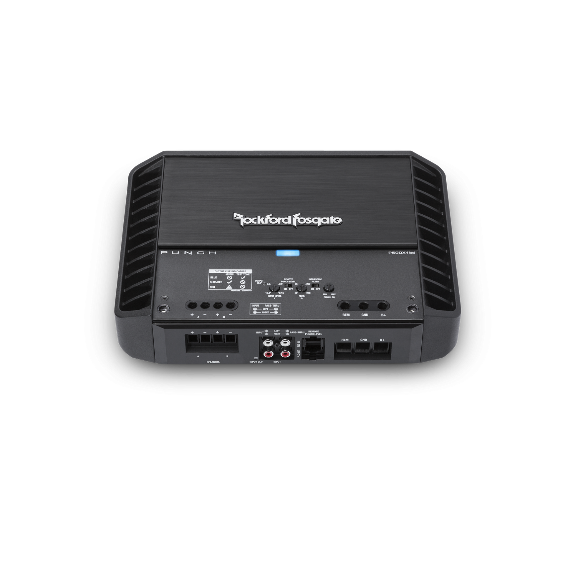 Rockford Fosgate P500X1BD mono subwoofer amplifier, front view, showing controls and connectors.