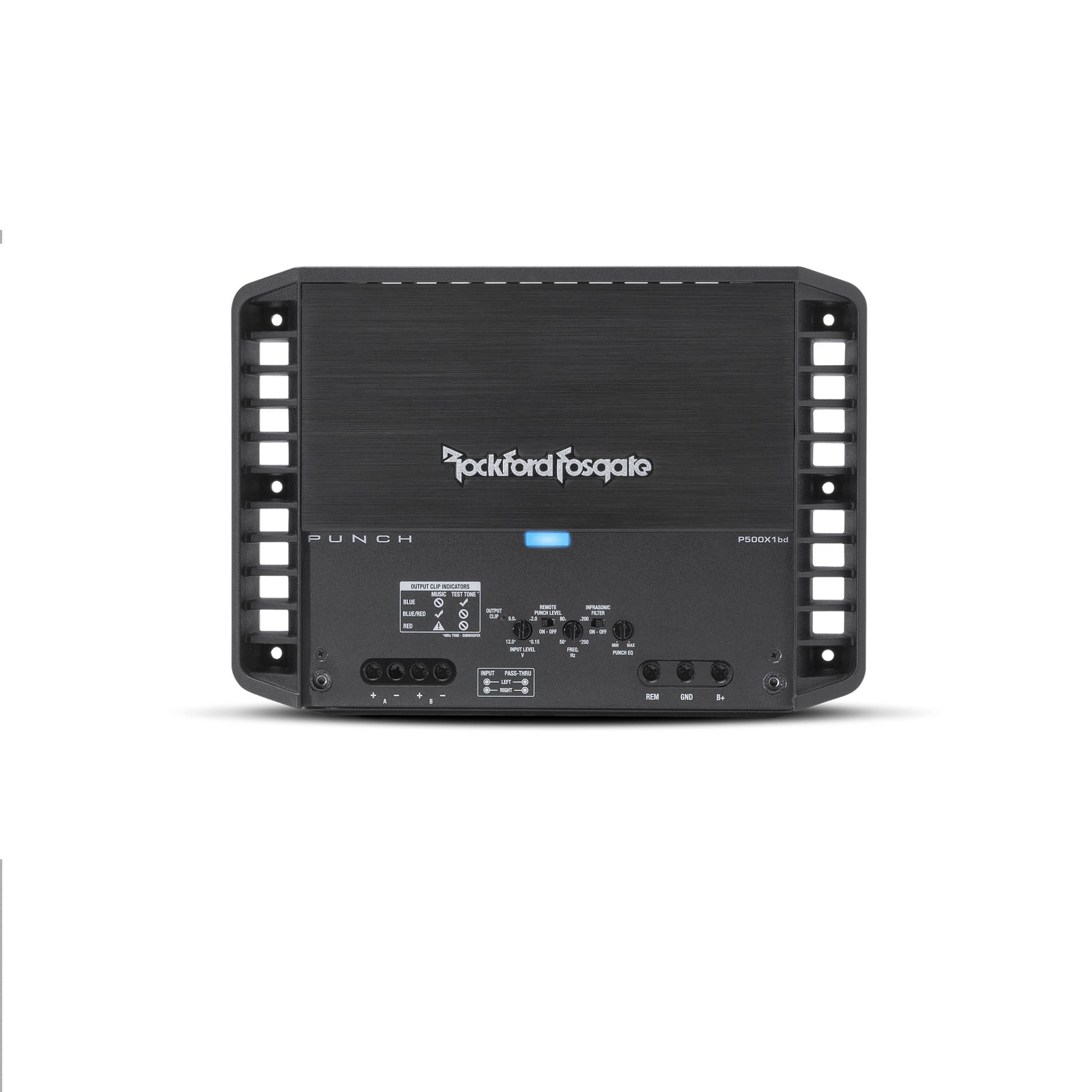 Rockford Fosgate P500X1BD mono subwoofer amplifier with controls and connections.